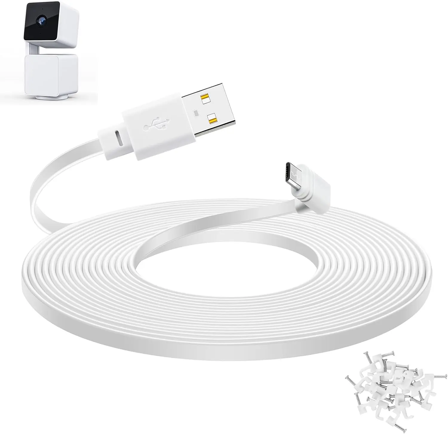 20 ft Cable for WYZE Cam Pan v3 Camera - Flat Micro USB Extension Power Cord - 90 Degree White