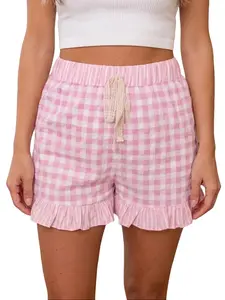 Womens Plaid Ruffle Shorts High Waisted Casual Summer Gingham Lounge Shorts
