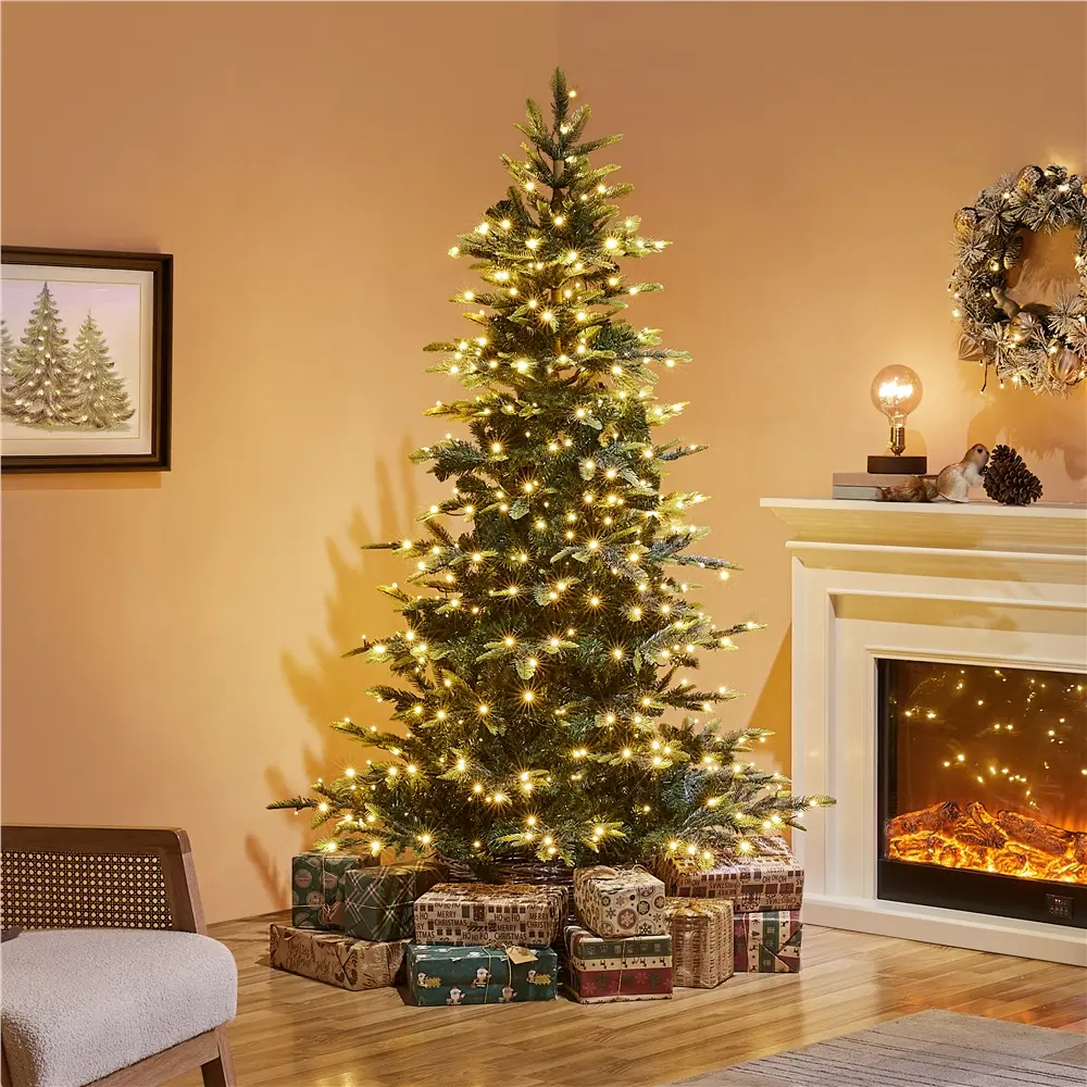 【Led Light】Yaheetech Christmas Tree with LED Lights, Hinged Realistic Artificial Tree with PE & PVC Branch Tips, Indoor & Outdoor Decoration for Home Party, Patio