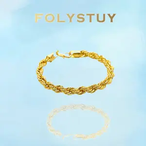 [FOLYSTUY (W164)]Mens Twisted Rope Chain Bracelet, 0.31" Width 9.06" Length, Sturdy Statement Wrist Bangle for Daily Wear & Street Style