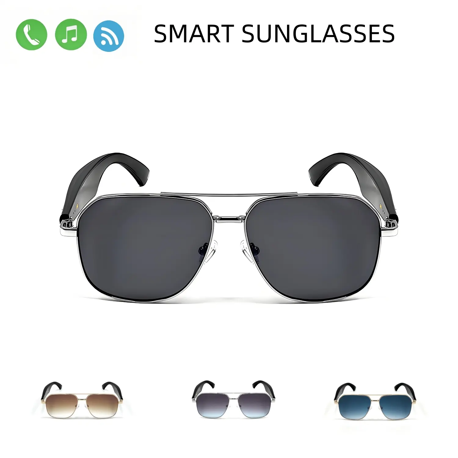 Bluetooth Glasses, Wireless Headphones Sunglasses ,Magnetic Charging,  Silver Gray Lens，Built-in Mic & Speakers, For Outdoors Gaming Meeting Travel