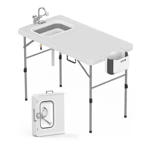 Folding Fish Cleaning Table with Foldable Sink,  Fold-in-Half Portable Camping Kitchen Table, Outdoor Fish Fillet Station with Drainage Hose for Picnic Patio Backyard BBQ, White