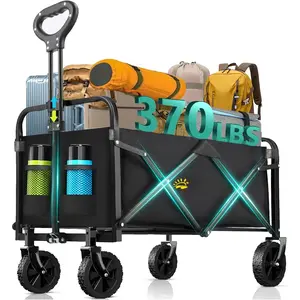 Collapsible Wagon with Wheels, 370lbs Weight Capacity Foldable Beach Wagon with Flexible Handle Portable Utility Wagon Cart for Outdoor, Grocery, Garden, Camping