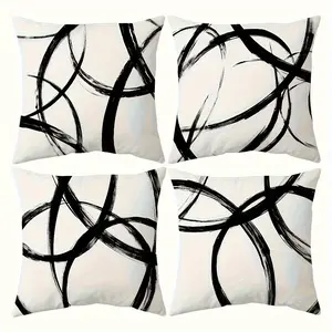 4pcs Modern Abstract Geometric Line Art Pillow Covers - Black & White Print Cushion Covers for Sofa, Bed, Living Room, Office & Outdoor Decor, Pillow Covers for Living Room, Sofa, Single-sided Printing Without Pillow Core