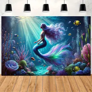 A blue mermaid-themed decorative tapestry with blue ocean and coral designs. Suitable for room decoration, outdoor activities and gatherings. The mermaid-themed decoration is made of durable polyester fiber. Party decoration item. Ideal gift.