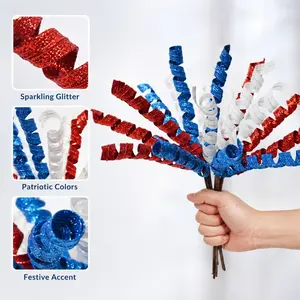 6Pcs Patriotic Sequin Frizzy Curly Spray, for DIY Wreaths and Garlands, Gift Decor, Patriotic Fourth OF July, Memorial Day Home Decoration