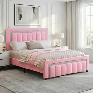 HOMBCK Twin/Full/Queen/King Size Bed Frames With Headboard And Footboard, Upholstered Platform Bed With Diamond Design, Bed Frames Twin With Wooden Slats Support, No Box Spring Needed, Easy Assembly, White, Black, Blue, Pink, Green