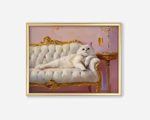 Fancy Persian Cat with Champagne Art Print, Cute Quirky Whimsical Gift, Trendy Home Decor