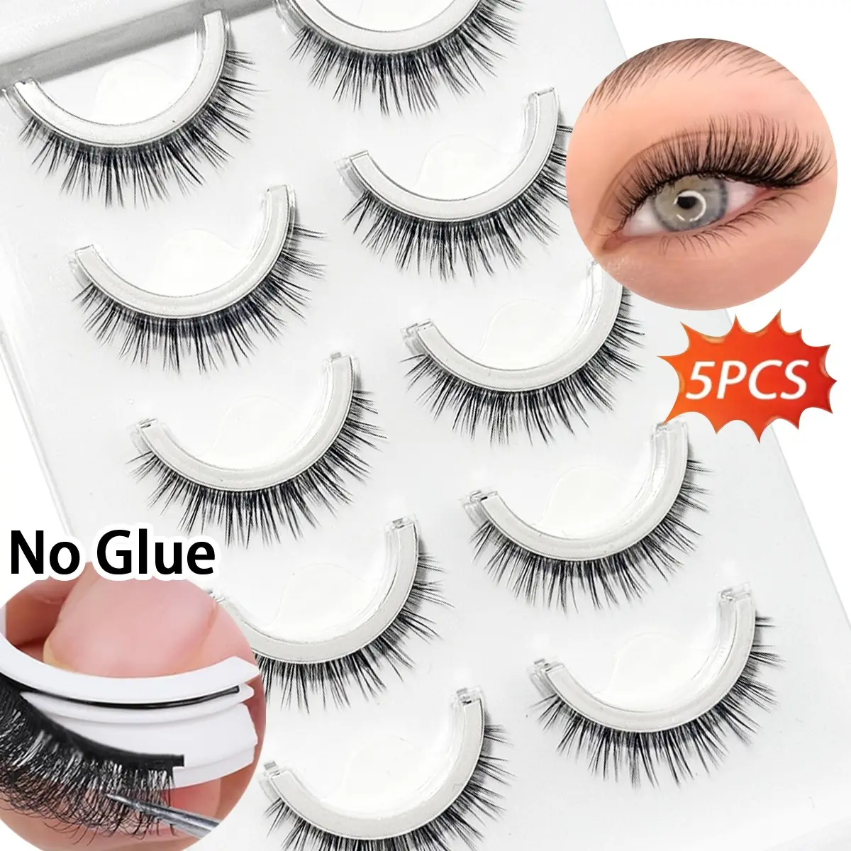 Natural Cat Eye Self Adhesive False Eyelashes, Fake Eyelashes Clusters, Eyelash Clusters Wispy, Reusable Transparent Stem, 7-11mm Short Pre-Glued Lashes, No Glue Needed, Natural Look, Makeup, Glueless Lashes Clusters