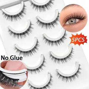 Natural Cat Eye Self Adhesive False Eyelashes, Reusable Transparent Stem, 7-11mm Short Pre-Glued Lashes, No Glue Needed, Natural Look, Makeup