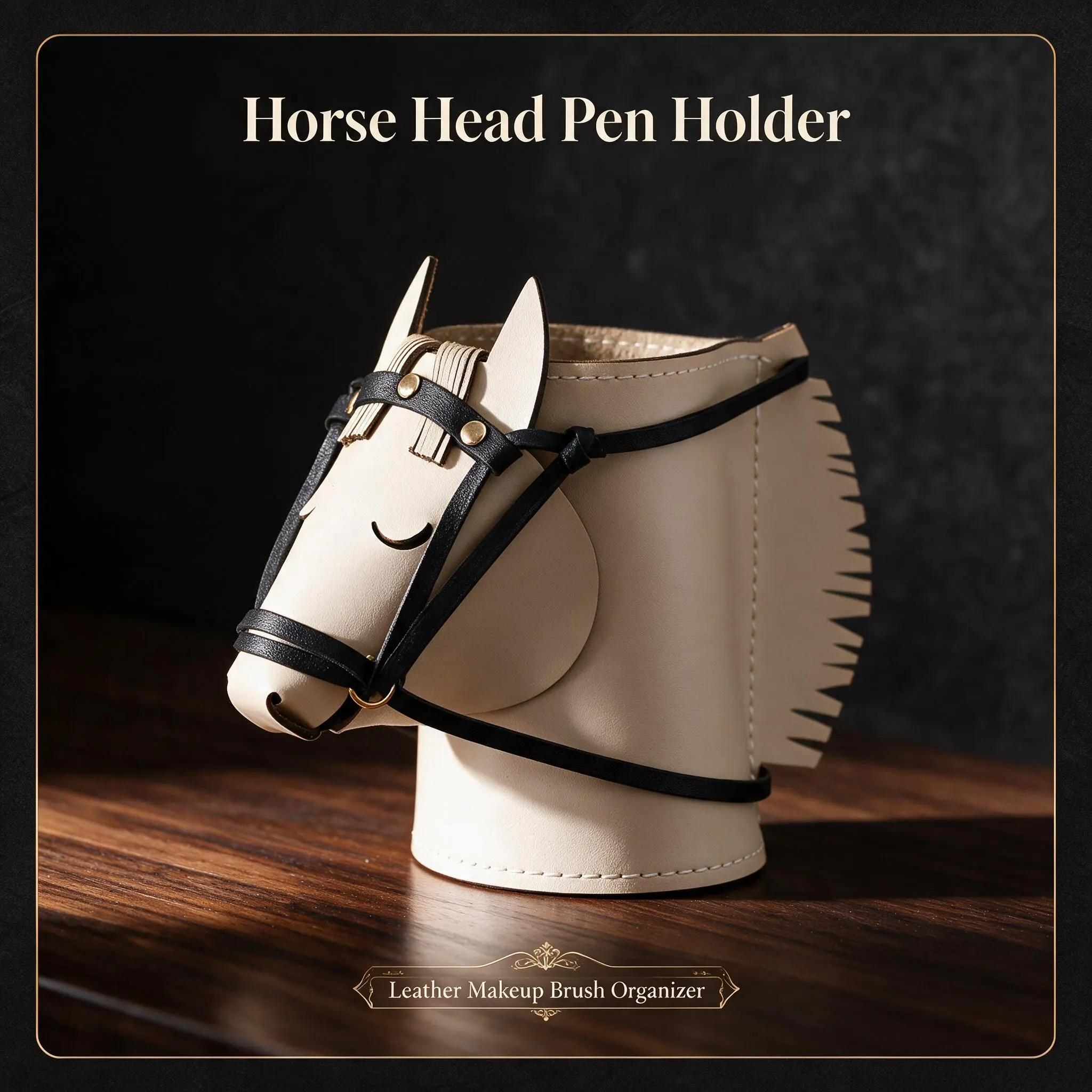 Genuine Leather Horse Head Pen Holder, Cute Makeup Brush Organizer Cup, Real Leather Desktop Pencil Holder for Office Supplies, Decorative Equestrian Desk Accessories for Vanity Dresser, Multi-Purpose Storage for Brushes Pens Remotes