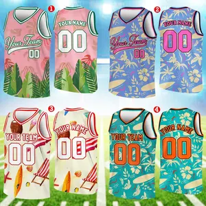 Tropical Basketball Jersey, Custom Name Number Hawaiian Basketball Shirt, Beach Jersey, Hawaiian Floral V-neck Sleeveless Jersey Tank Top