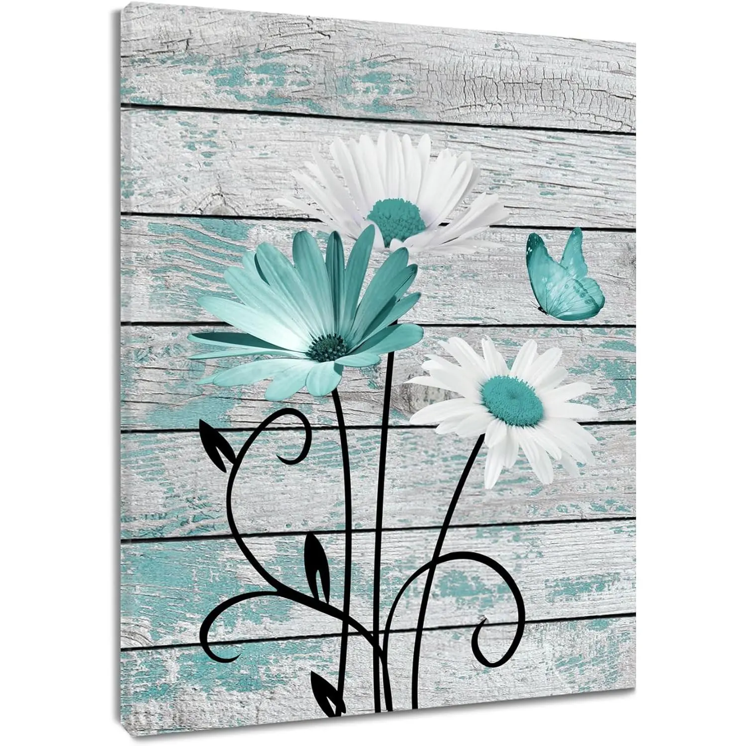 Handmade Craft Framed Floral Farmhouse Painting Prints - Moisture-Proof Rustic Wood Board Canvas Nature Art, Teal-White Daisies, Butterflies - 1-Piece Pre-Hung Home Inspo Indoor Decor for Living Room, Bathroom
