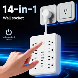 14-in-1 power strip with switch, multi-functional power strip, 8 AC sockets, 3 USB ports and 3 Type-C ports, suitable for USB sockets in offices, homes and during travels. It can be used as a wall-mounted power extension cord.
