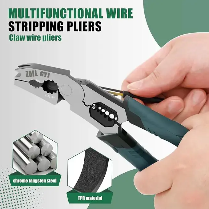 6-in-1 CR-V Type Steel Multi-Function Wire Stripper Pliers - Adjustable Depth Cutting, Sharp Blades, Diagonal Cutters for Nails, Electrical Cables - Construction Hardware Hand Tool Kit Diy Tool Wirecutters