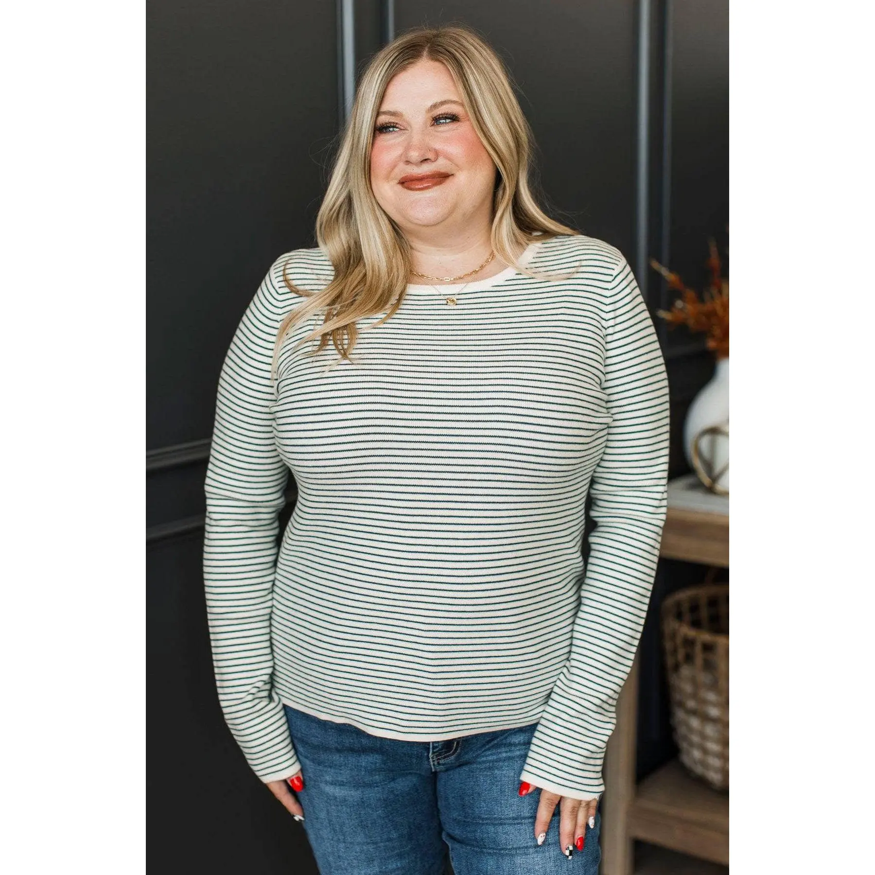 Women's Ivory & Teal Stripe Print Sweater, Soft Knit Fabric with a True to Size Fit and Round Neckline, Tops, Casual Wear, Stripe Women's Knitwear, Viscose Blend