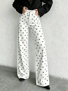 New High-Waisted Elastic Women's Jeans, Casual Long Loose-Fit Polka Dot Print, Zipper Fly, All Seasons, Daily Commute & Vacation