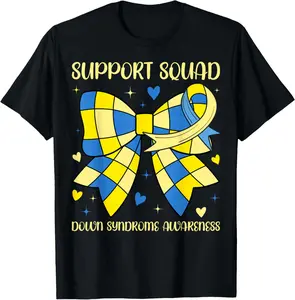 100% Cotton Support Squad Down Syndrome Awareness Coquette Bow Ribbon T-Shirt