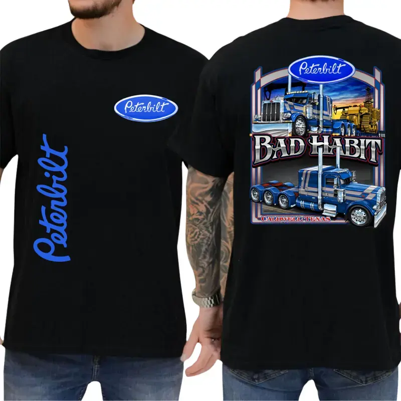 Peterbilt 2-Sided T-Shirt, Semi Truck Graphic Tee, Blue Big Rig Shirt, Trucker Gift, Truck Driver Apparel