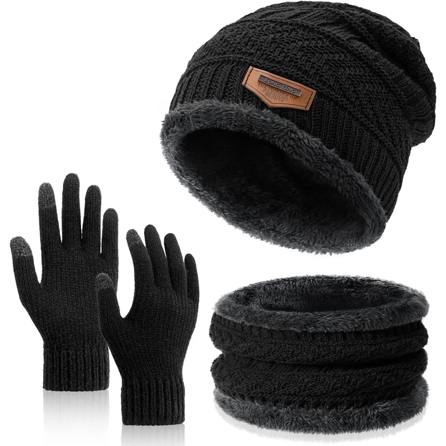 Women's & Men's 3-Piece Casual Winter Accessory Set - 100% Polyester Warm Thick Fleece-Lined Skull Cap, Circle Neck Warmer, Fold-Over Cuff Design Touchscreen Gloves, Grey: Hat+Scarf+Gloves, Gray-Gloves, Circle Scarves, Unisex Names, One Size