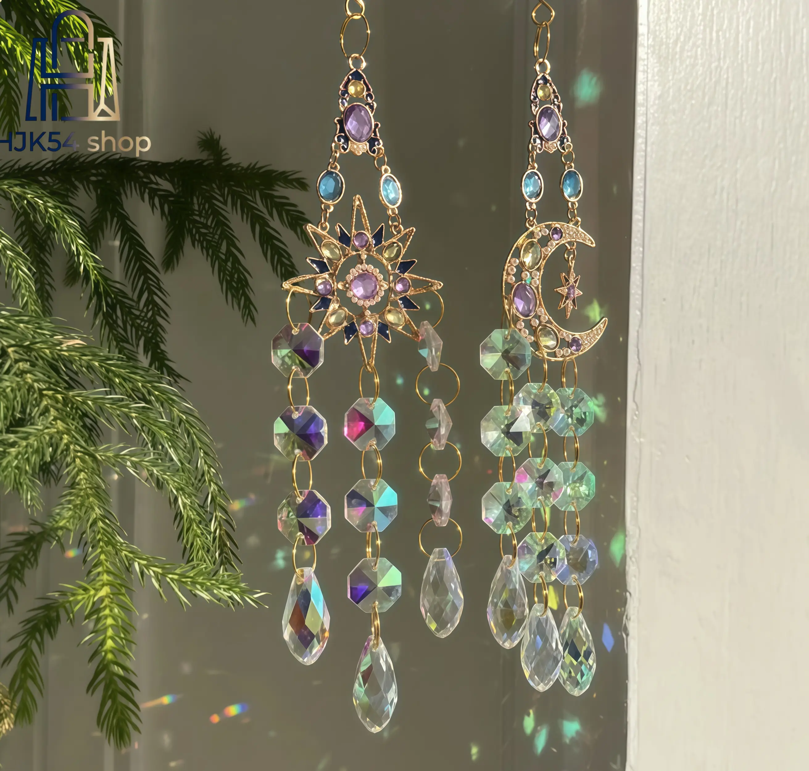 2pcs AB-Coated Star & Moon Crystal Suncatcher Set - Whimsical Home Decor, Bohemian Style Rainbow Maker Prisms with Gem Accents, Elegant Design Hanging Window Charms for Home Spiritual Ornaments, Decorative, Sunlight