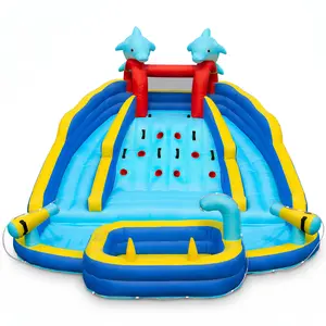 Outfunny Dolphin Inflatable Water Bounce House with Slide, Splash Pool & Blower - Perfect Outdoor Summer Toy for Kids 3-10