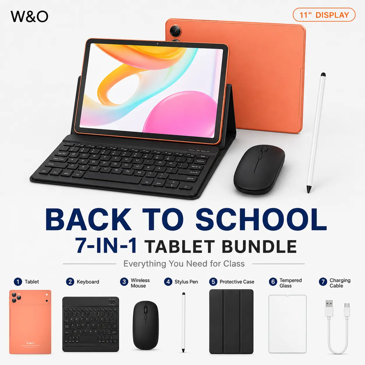 【Back to School Bundle】11" Android Tablet Back to School Bundle with Keyboard, Mouse, Stylus & Case, Large HD Touchscreen, Dual Camera, Portable Tablet for Students, Online Classes, Study, Campus Life & Entertainment
