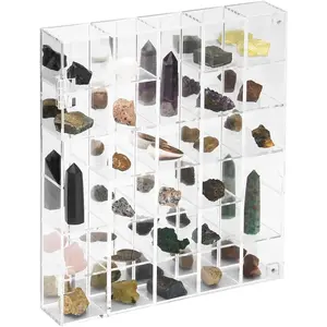 Adjustable Clear Acrylic Rock Display Case for Mineral Crystal Collectibles with Mirrored Arrowhead Stones Storage and Lid