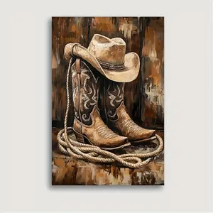 1pc Wooden Frame Canvas Cowboy Boots and Hat Wall Art, Western Wall Art, Western Wall Art Decoration, Texas Wall Art, Men's Oil Painting Style Canvas Print Room Decor, Home Decor, Wall Art Decoration, Bedroom Decor