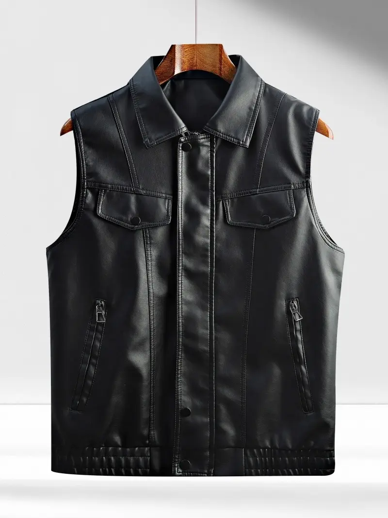 Men’s vintage coated PU leather vest, turn-down collar, sleeveless motorcycle tank top, elasticated hem, multi-pocket design, cropped casual leather outerwear for everyday wear, holidays, and outings in spring and autumn.