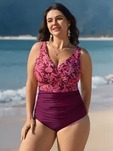 BLOOMCHIC Plus Size Floral Print 1-Piece Swimsuit, Tummy Control, Cut-Out Back, Nylon Blend, Removable Pads [M-6X] (plus size swimsuits 2026) 2026 Summer Vibes High Rise Swimwear High Waist Swimwsuit