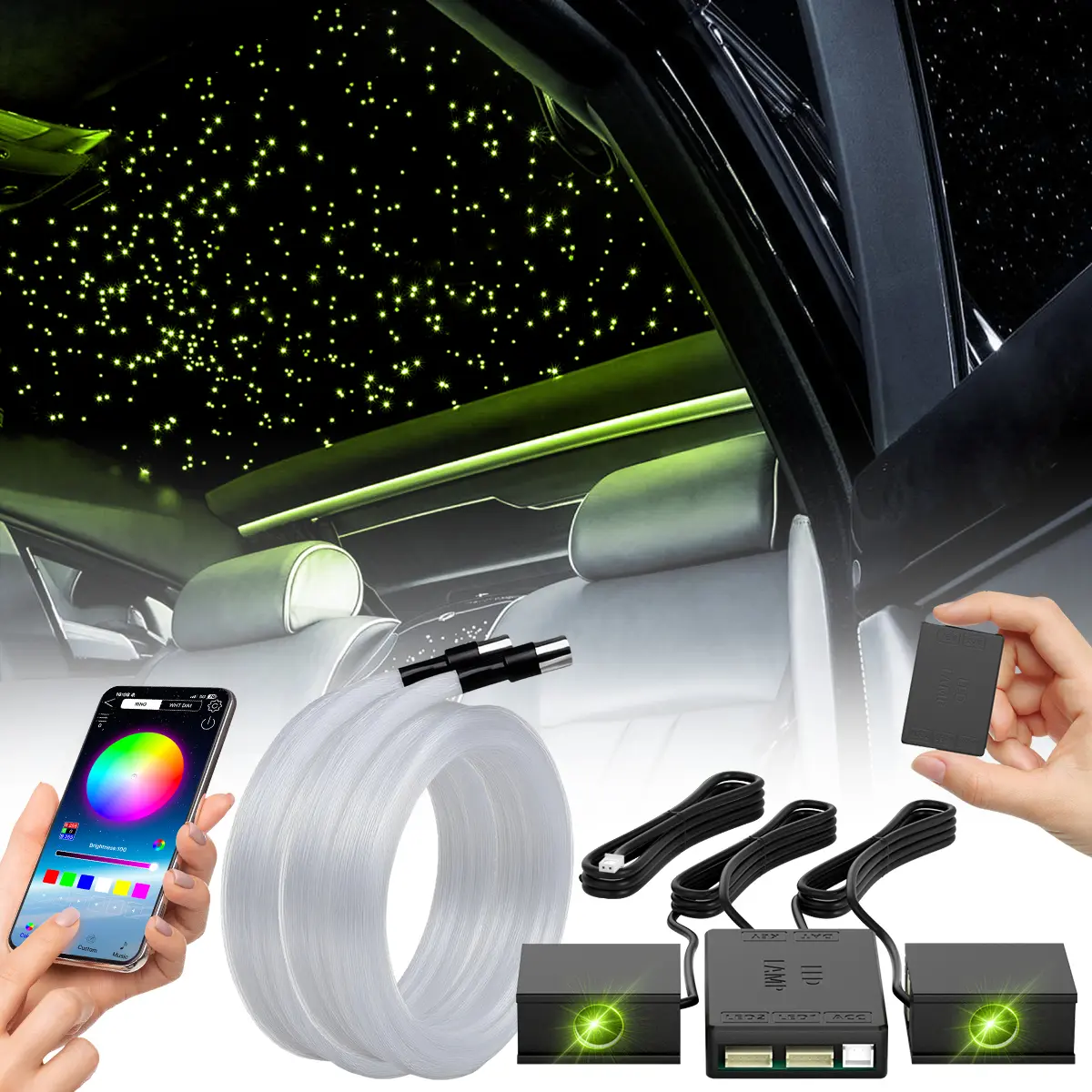 RGBW Fiber Optic Headliner Lights Kit for Car & Home Theater - Split Light Source Car Starlight Ceiling Kit with Music Sync RF Remote, Pre-Cut 12V LED Ambient Ceiling Star Lights