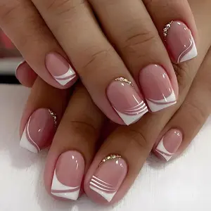 24PCS Acrylic Press On Nails – Short Medium Square French Tip Pink Fake Nails with Gold Rhinestones, Reusable Glue On False Nails for Women