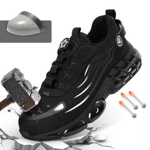 Furuian Men's Steel Toe Safety Shoes Black Air Cushion Kevlar Sole Anti-Puncture Anti-Slip Work Sneakers for Outdoor Industrial Construction Summer Vibes