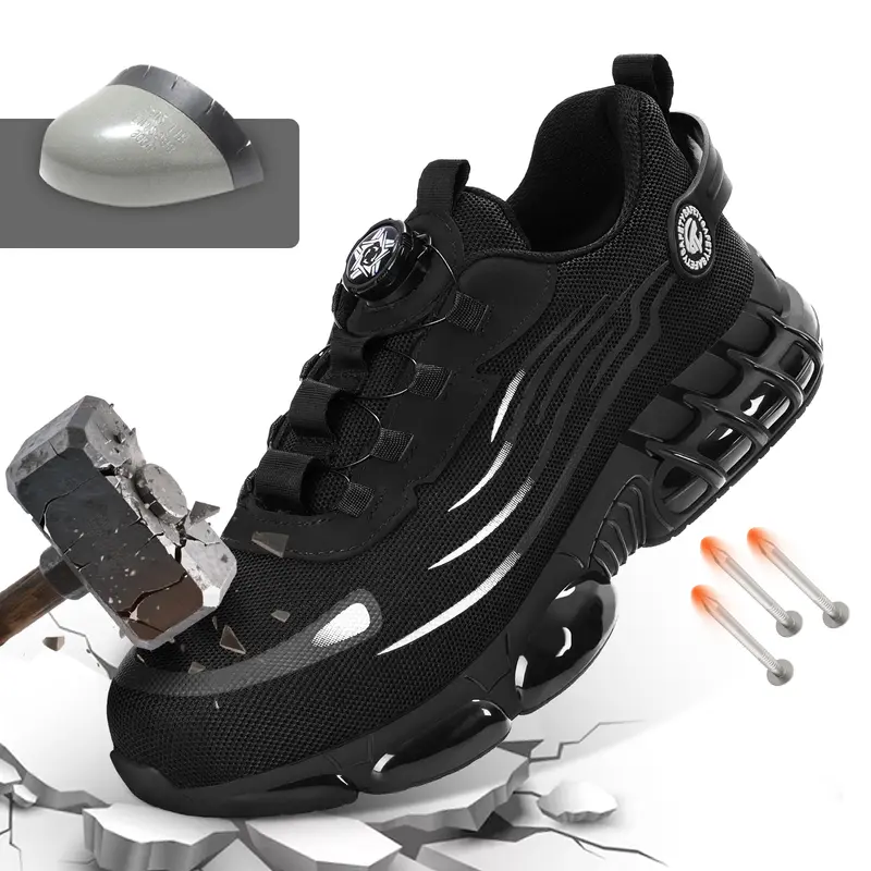 Furuian Men's Steel Toe Safety Shoes Black Air Cushion Kevlar Sole Anti-Puncture Anti-Slip Work Sneakers for Outdoor Industrial Construction Summer Vibes