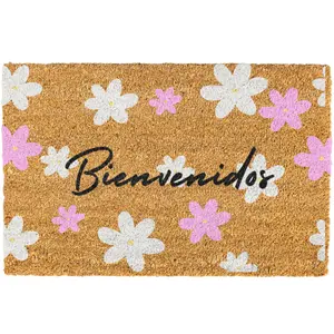 Bienvenidos, Spring Doormat - Cute Pink and White Flower Door Mat with Rubber Backing, Coir Material for Indoor/Outdoor Use (Small/Medium/Large)