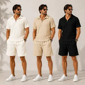 Men's Jacquard 2 Piece Outfit Set Short Sleeve Zip Polo Shirt and Drawstring Shorts Matching Set Summer Casual Textured Lounge Set Vacation Resort Wear