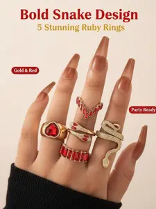 5pcs Snake & Gemstone Ring Set✨Gold Tone Metal | Bold Snake Design | Red/Green Gemstone Choices | Perfect for Stacking, Party & Everyday Outfits