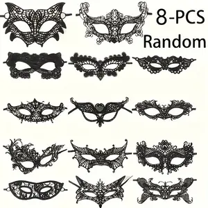 8-Piece Lace Mask Set, Venetian Eye Masks for Photoshoots, Women's Costume Accessories, Solid Color, Perfect for Parties