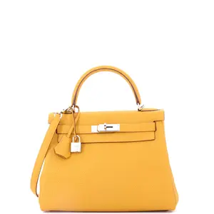 Pre-owned HERMÈS Leather Top Handle Bags Hermes Kelly Handbag Jaune Ambre Togo with Palladium Hardware 28 by Rebag