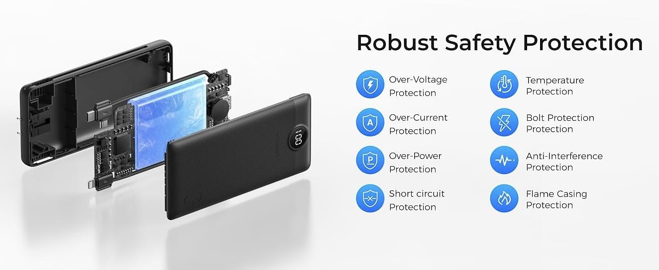 VEGER Portable Charger, with Built-in Data Cable and AC Power Plug, 10,000mAh Power Bank, Portable Phone Charger for Travel and Outdoor Use, Lightweight and Compact External Battery Pack Designed Specifically for Smartphones and Tablets