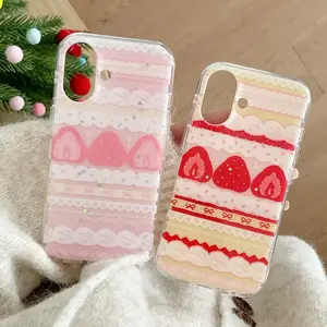 Cream Strawberry Cake Lace Bowknot Phone Case Accessories For iPhone 17 Air 16 ProMax 15 14 Plus 13 12 11 Pro Shockproof Protection Silicone Back Cover
