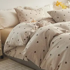 Queen Size 3 Piece 100% Cotton Duvet Cover Set Brown Gingham with Zipper Closure Includes 1 Duvet Cover & 2 Pillowcases Bedding Sets for Teen Girls