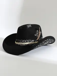 Western Cowboy Hat for Women, Woolen Structured Wide Brim, Punk Style, Feather Embroidery, Fall Winter Party Accessory