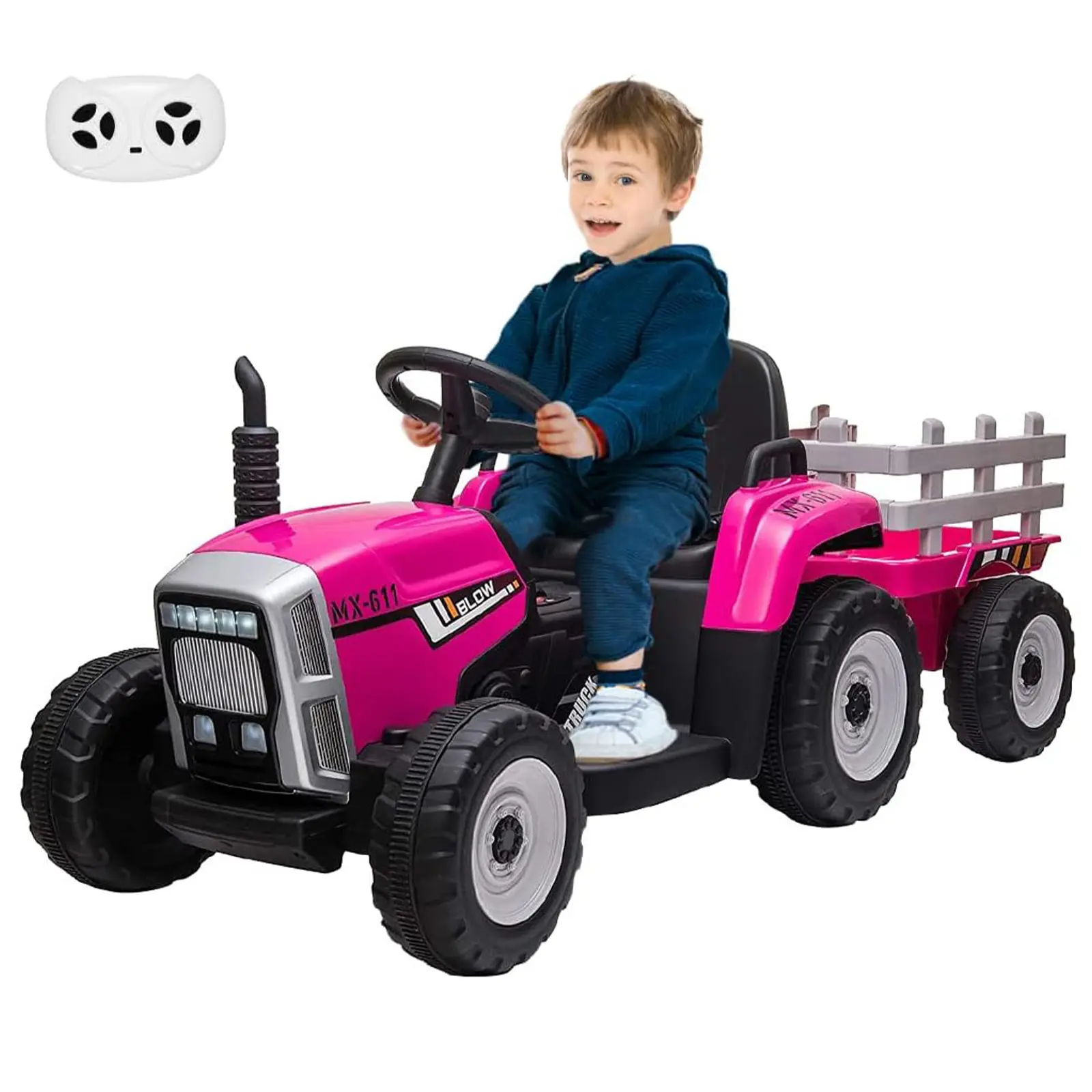 12V Electric Tractor with Trailer for Kids 3-6 Years, Remote Control, 7 LED Lights, 2+1 Speed Settings, Music Player, and USB Connection toy