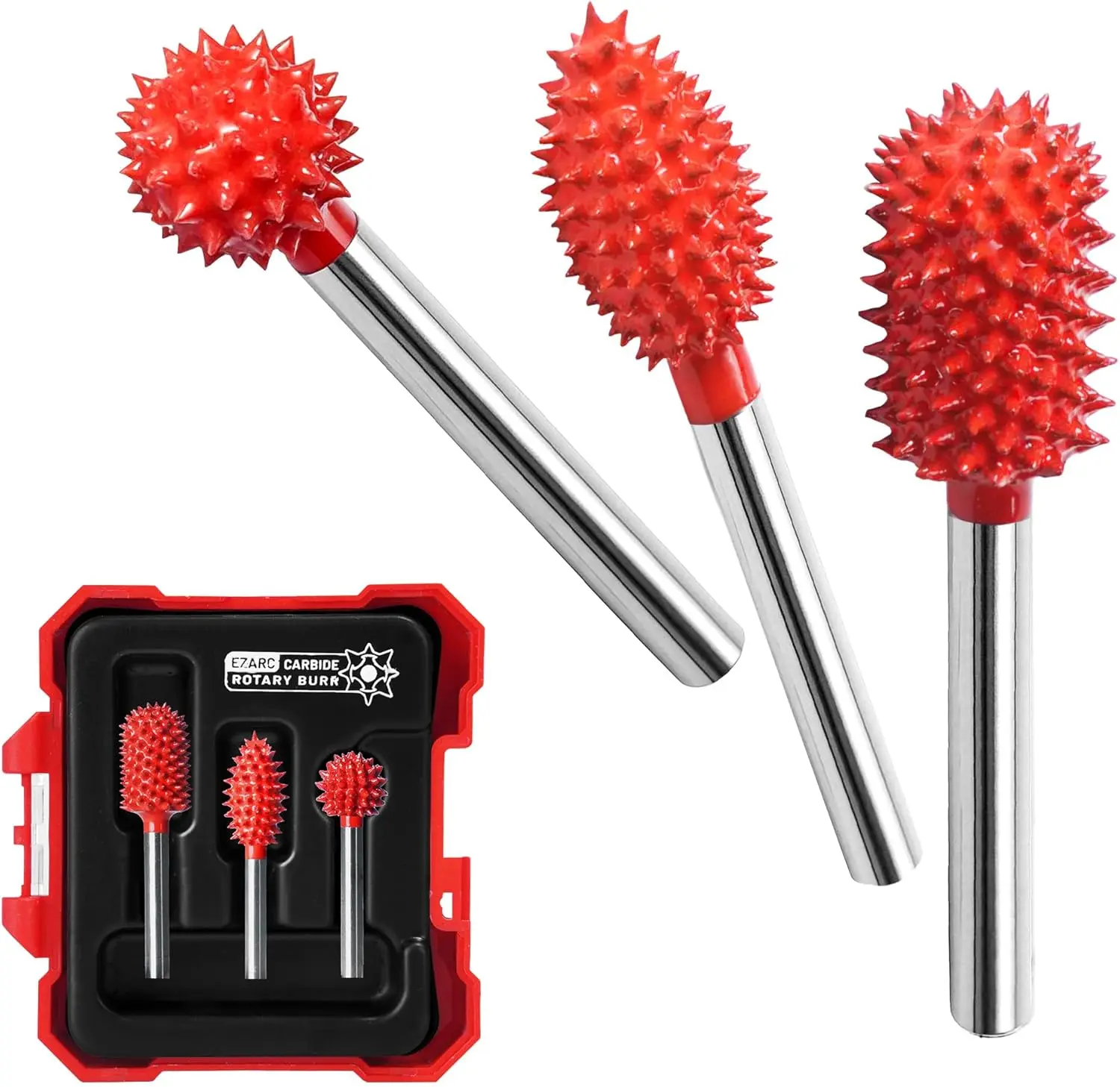 EZARC 3-Piece Tungsten Carbide Rotary Burr Kit with Carbide Teeth, 1/8’’ Shaft Wood Carving Bits, Detailed Work Power Tool Accessory with Storage Case, Father’s Day Gift Option