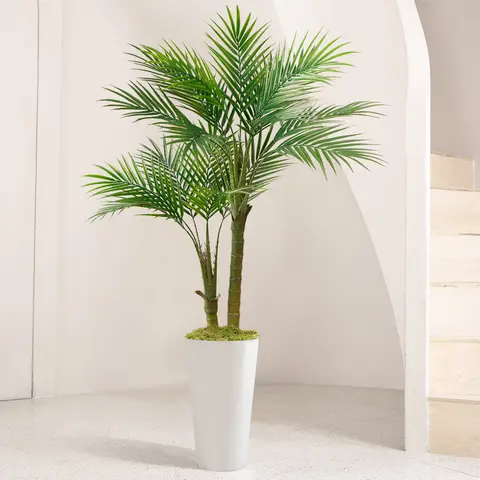 Artificial Palm Tree 5FT -  Fake Plants with White Tall Planter, Faux Tropical Golden Cane Palm Tree with Two Trunks and 18 Realistic Palm Leaves, Indoor Floor Plants for Home Office Decor Decorative Fruit Ornaments