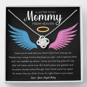 Love Knot Necklace - A Letter to My Mommy from Heaven Memorial Gift for Baby Loss Ectopic Miscarriage Keepsake Gift from Baby Angel Stillborn Sympathy Infant Loss Gifts 14k White Gold Over Stainless Steel 6mm Cubic Zirconia Stone Adjustable Chain 18-22"