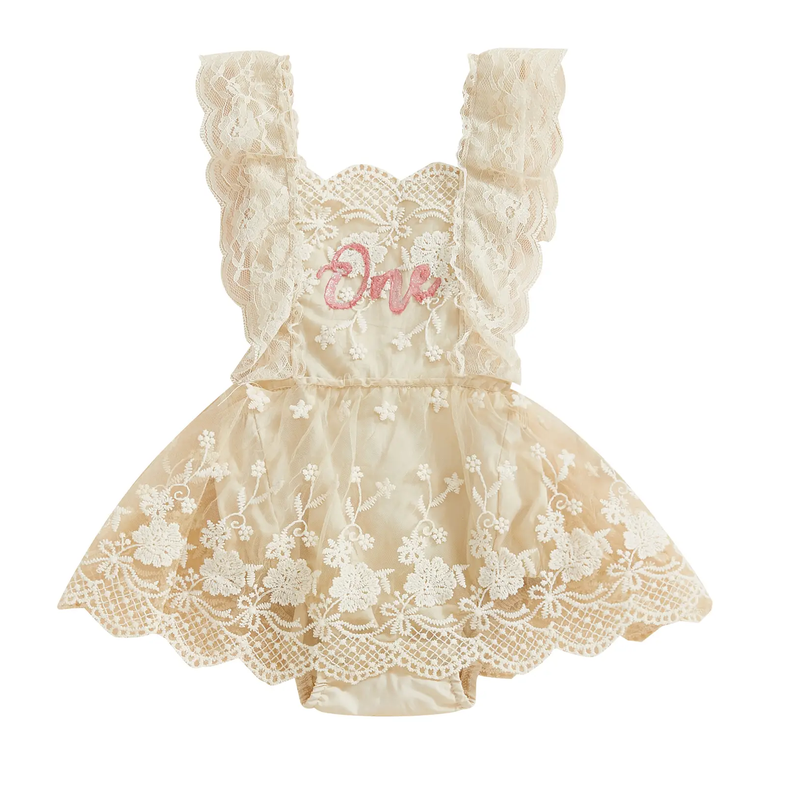 Newborn Baby Girls First Birthday Romper Dress Sleeveless Strawberry Embroidery Lace Tulle Jumpsuit Summer Clothes