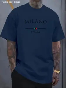 Men's Milano Letter Pattern T-Shirt, Blue Gradient Print, Casual Loose Fit, Comfortable Fashion, Essential Wardrobe Item